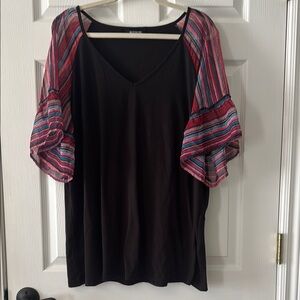 BloomChic Black Top with Colorful Striped Sleeves